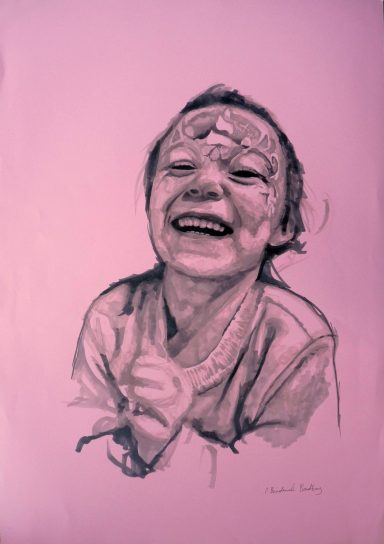 A portrait drawing of a young child laughing with their head tilted slightly back. The child’s eyes are almost closed and their mouth is ope